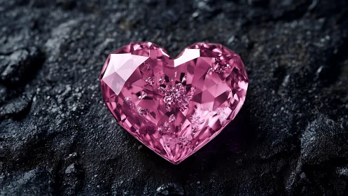 Heart-cut pink gemstone rests on textured basalt surface