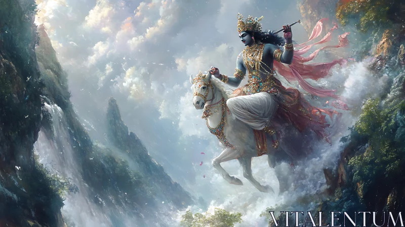 Celestial rider cuts through stormlit clouds on jeweled steed.