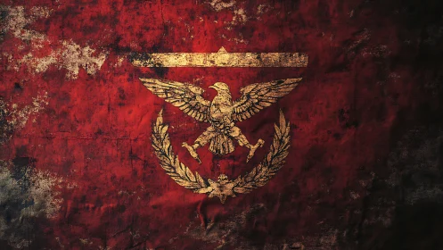 Eagle insignia is centered on distressed red textured field