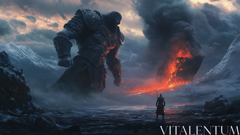 Colossal armored giant confronting lone warrior in fiery tundra