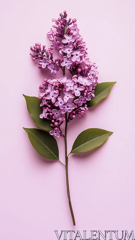 Purple lilac flower stem with green leaves on pink background