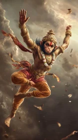 Hanuman warrior leaps through stormlit divine clouds.