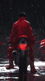 Red rider on futuristic motorcycle under heavy rain at night.