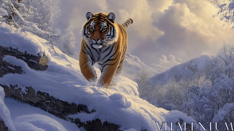 Bold tiger strolls through glowing snow on a quiet winter ridge
