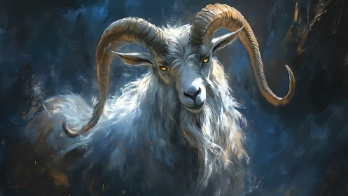 Luminous mountain goat portrait with spiraled horns, cinematic light.