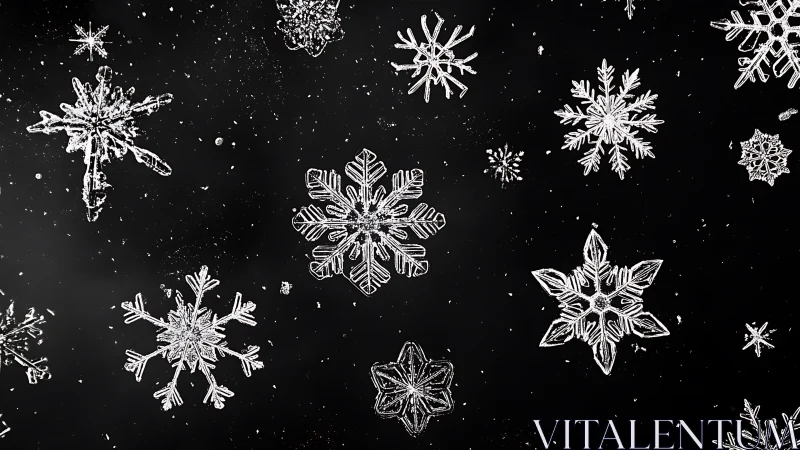 Intricate snowflake crystals scattered on deep black.