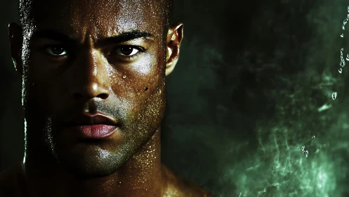 Stormlit portrait of a focused, water-drenched athlete.