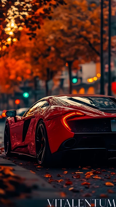 Red supercar parked on city street in warm autumn light.