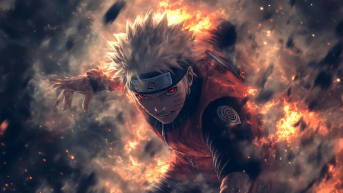 Anime ninja character charges forward through fiery explosion