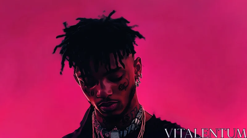 Neon magenta portrait of contemplative tattooed vocalist figure.