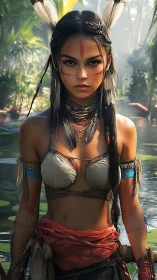 Warrior woman in sunlit jungle with intricate tribal adornment.