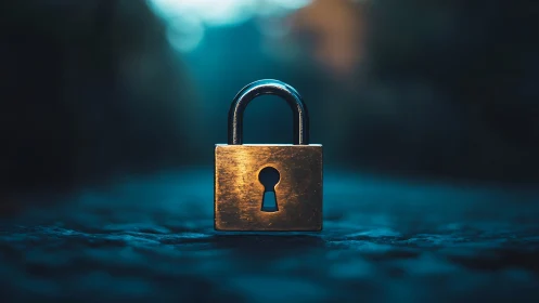 Metal padlock rests on textured ground in shallow focus