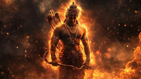 Fire-lit warrior deity in ornate armor with bow and whip.