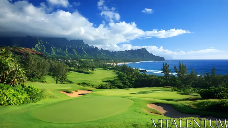 Sunlit coastal golf course rests beside dramatic green cliffs