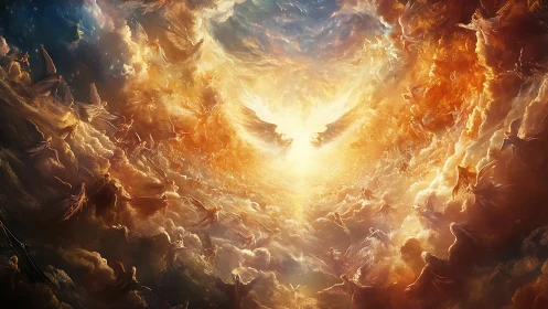 Heavenly host encircling radiant central light portal.