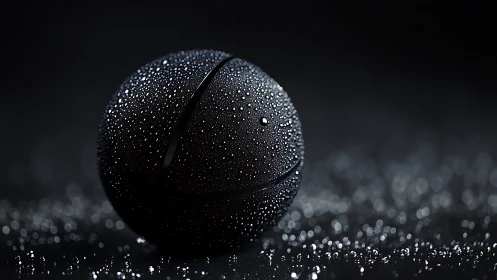 Matte black sphere with water droplets in cinematic bokeh.