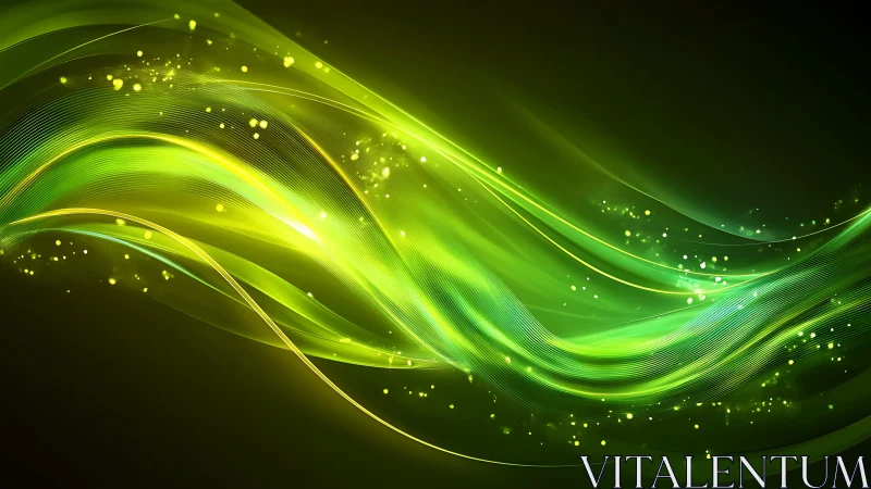 Green light waves curve across a dark abstract digital field