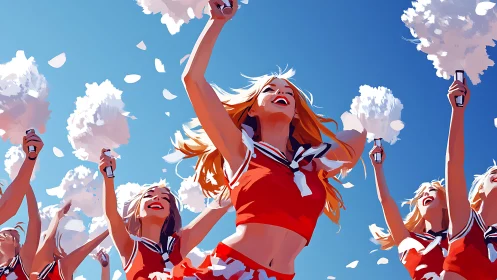 Cheerleading squad in red uniforms under blue sky.