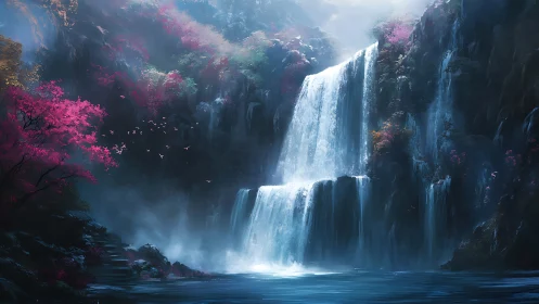 Tiered waterfall descends through mist over rocky forest cliffs