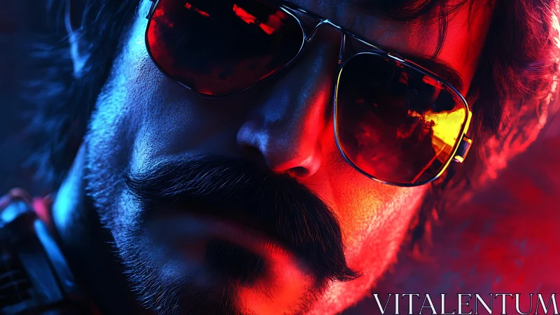 Chromatic dual-light portrait with reflective aviator optics.