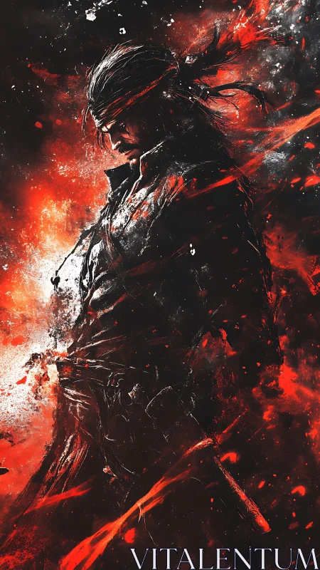 Lone warrior wrapped in firelit shadows and fierce resolve.