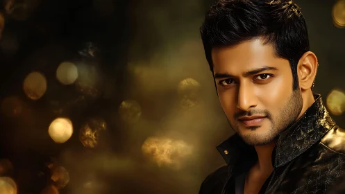 Confident man in warm golden light with a soft bokeh glow.