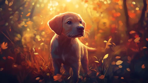Soft golden puppy explores a glowing autumn forest path