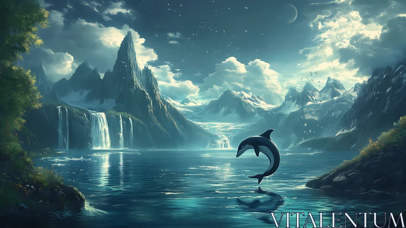 Dolphin leaps in front of towering waterfalls and icy peaks