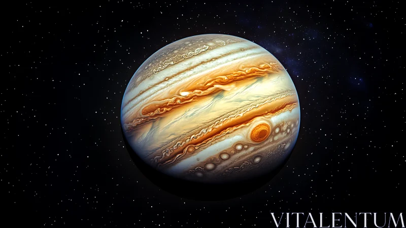 Jupiter gas giant portrait with storms in deep space.