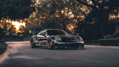 Low-slung black sports car occupies residential street at dusk