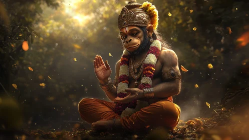 Divine monkey deity meditates in a glowing forest sanctuary