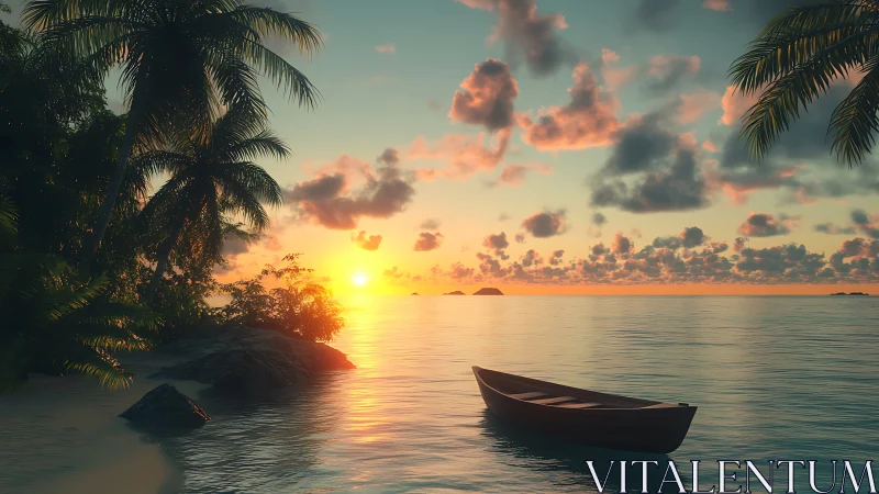 Tropical Sunset with Anchored Boat and Palm Trees.