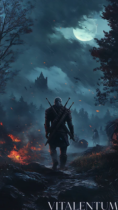 Armored swordsman advances on storm-lit forest castle at night