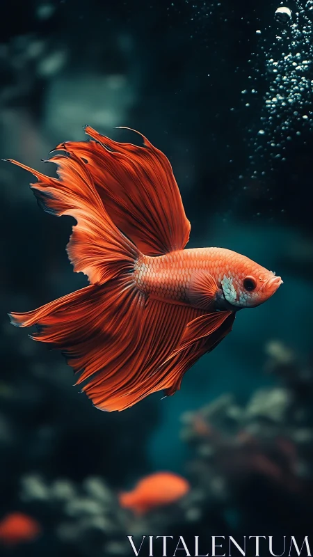 Graceful orange betta fish gliding through quiet teal water.
