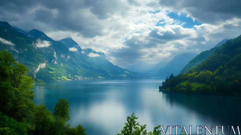 Mountain lake panorama under dramatic cloud-split sky.