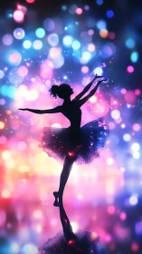 Silhouette of ballet dancer against colorful bokeh field.