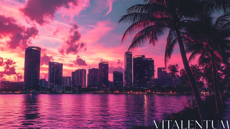Urban waterfront skyline is viewed under magenta sunset sky