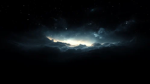 Cosmic horizon glow above shadowed nebula cloud forms.