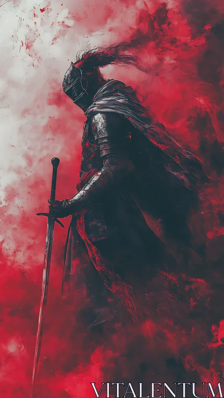 Bloodlit armored knight in swirling red smoke.
