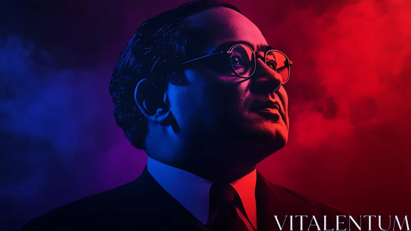 Portrait of suited man rendered with dual red and blue lighting