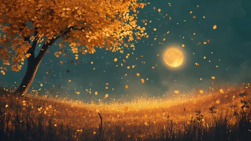 Luminous autumn hillside under lunar backlight and leaf drift.