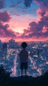 Solitary youth overlooking neon city at cinematic sunset.