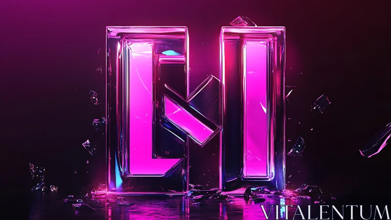 Neon glass monogram in shattered chrome glitch environment