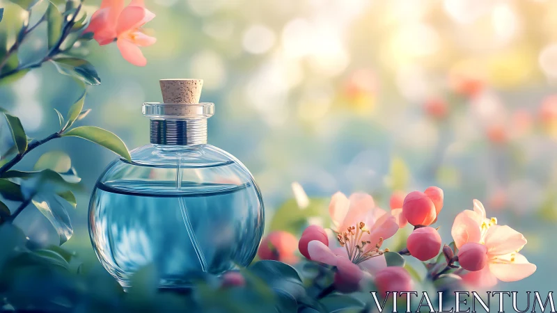 Blue glass perfume bottle amid soft-focus spring blossoms.
