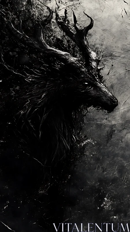 Dark stag portrait in swirling abstract shadows and light.