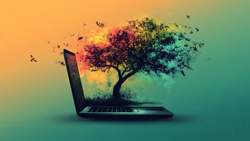 Digital laptop rendering emits colorful tree with particle dispersion