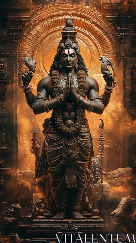 Golden-temple deity stands in molten halo of sacred fire.