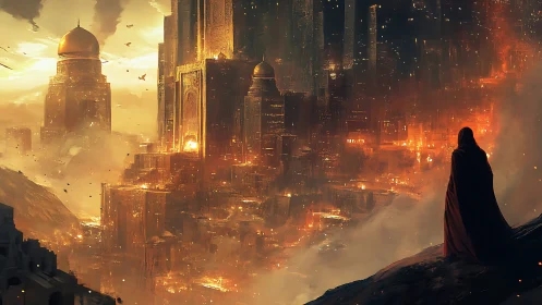 Cloaked observer studies sprawling, burning citadel at dusk