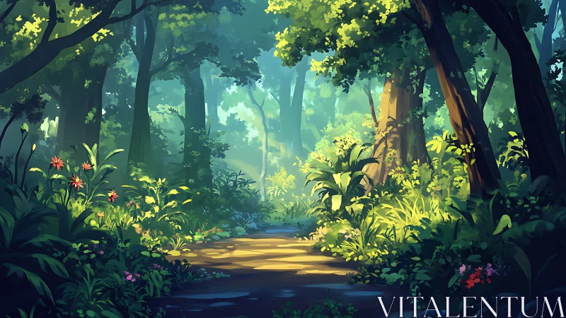 Luminous Forest Passage: Where Daylight Dances Through Ancient Boughs.