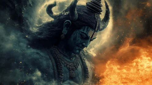 Cosmic horned deity bends calmly between storm and flame